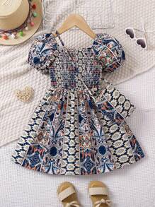 Young Girls' Printed Puff Sleeves Waist-Cinched Dress - Royal Blue - View 1