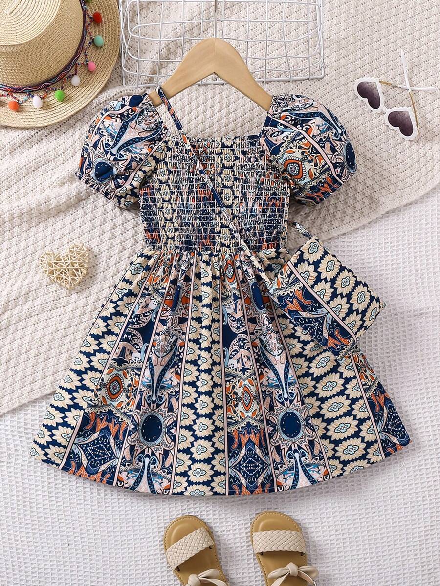 Young Girls' Printed Puff Sleeves Waist-Cinched Dress - Royal Blue - View 1