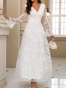 SHEIN Belle Ladies' Romantic Long Sleeve V-Neck Embroidered Wedding Dress - White - View 3
