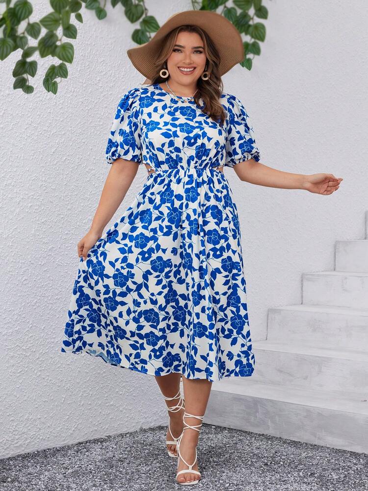 Plus-Size Holiday Print Dress With Hollowed Out Waist
