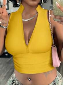 SHEIN Plus Size Cổ đứng trơn có khóa kéo phía trước Tank Top cho mùa hè - Màu vàng - Xem 4