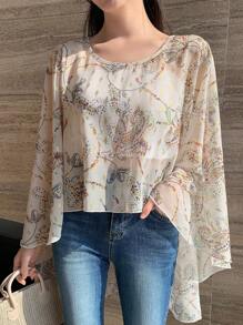 Dazy Designer 女士全印花圓領長袖高低襯衫