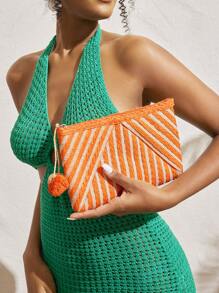 SHEIN VCAY Women's Fashionable Orange Striped Clutch Bag