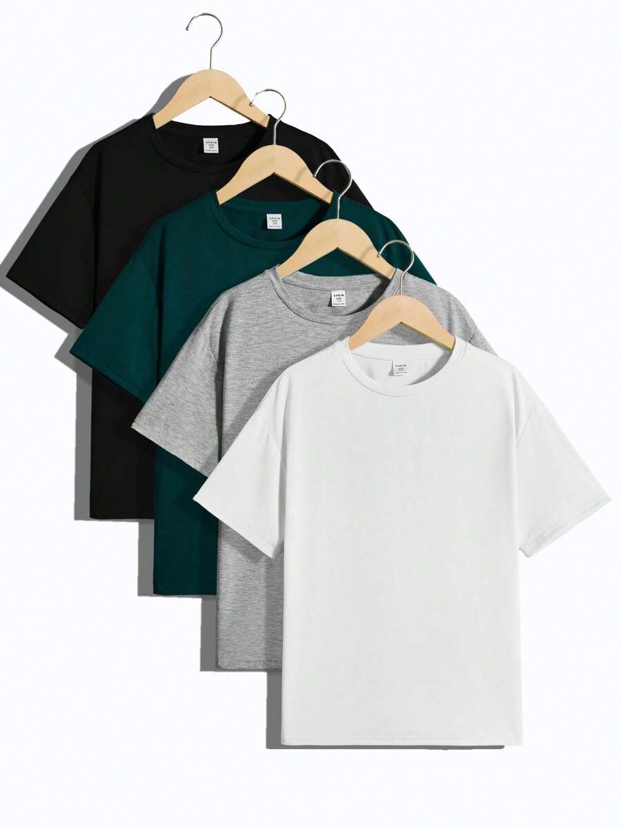 SHEIN 4 cái/bộ Cậu bé Tween Giải trí Phong cách đường phố Màu thuần Vòng cổ Lỏng lẻo phù hợp Ngắn tay , Mỗi Màu sắc một miếng - Nhiều màu - Xem 1