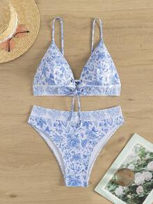 SHEIN Swim Women's Floral Printed Front Lace-Up Two-Piece Bikini Set - Multicolor - View 2