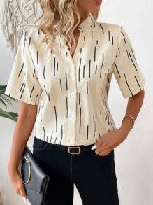 SHEIN LUNE Ladies' Striped Print Short Sleeve Shirt - Apricot - View 5