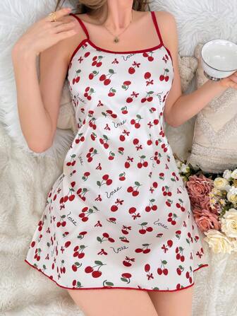 CottageSlumber 樱桃印花缎面吊带睡衣