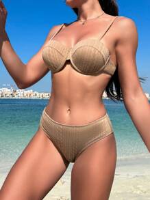 SHEIN Swim Solid Color Steel Support Push Up Separated Bikini Set Summer Beach - Khaki - View 3