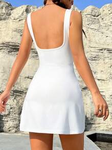 SHEIN EZwear Women's Solid Color Square Neck Backless Bodycon Dress - White - View 2