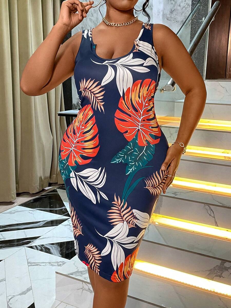 Maweii 大尺碼女性熱帶植物圖案印花無袖裙