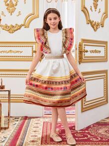 SHEIN Leap Crew Tween Girl Exaggerated Ruffle Sleeve Geometric Print Round Neck Shirt With Skirt Two-Piece Suit - White - View 6