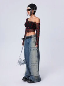 SHEIN EZwear 情人节女士红色心形网纱不对称领口荷叶边上衣，适合春夏穿着 - 黑色 - 查看 3
