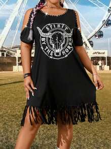 Flirla 大尺碼女士離肩音樂節連衣裙,印有公牛頭紋樣 - 黑色 - 查看 1