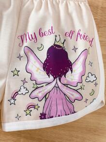 SHEIN Leap Crew 3pcs Young Girls' Cartoon Characters Pattern Curved Hem Shorts Set - Multicolor - View 5