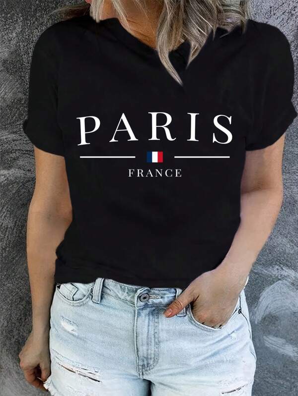 INAWLY Women's Round Neck Letter Printed Short Sleeve T-Shirt Graphic Tees Women Tops