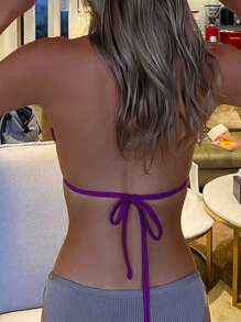 SHEIN Swim Summer Beach Solid Color Halter Neck Spaghetti Strap Bikini Top - Purple - View 2