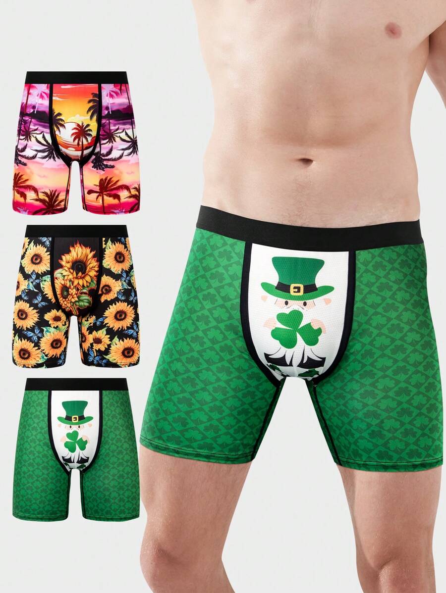 Men's Coconut Tree, Clover, Sunflower Print Boxer Briefs, 3pcs/Set - Multicolor - View 1
