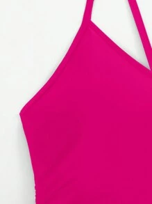 SHEIN Swim 女士實色時尚露背連身泳衣,採用中空設計 - 玫紅色 - 查看 3