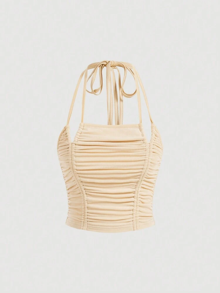 Solid Color Halter Neck Pleated Tank Top