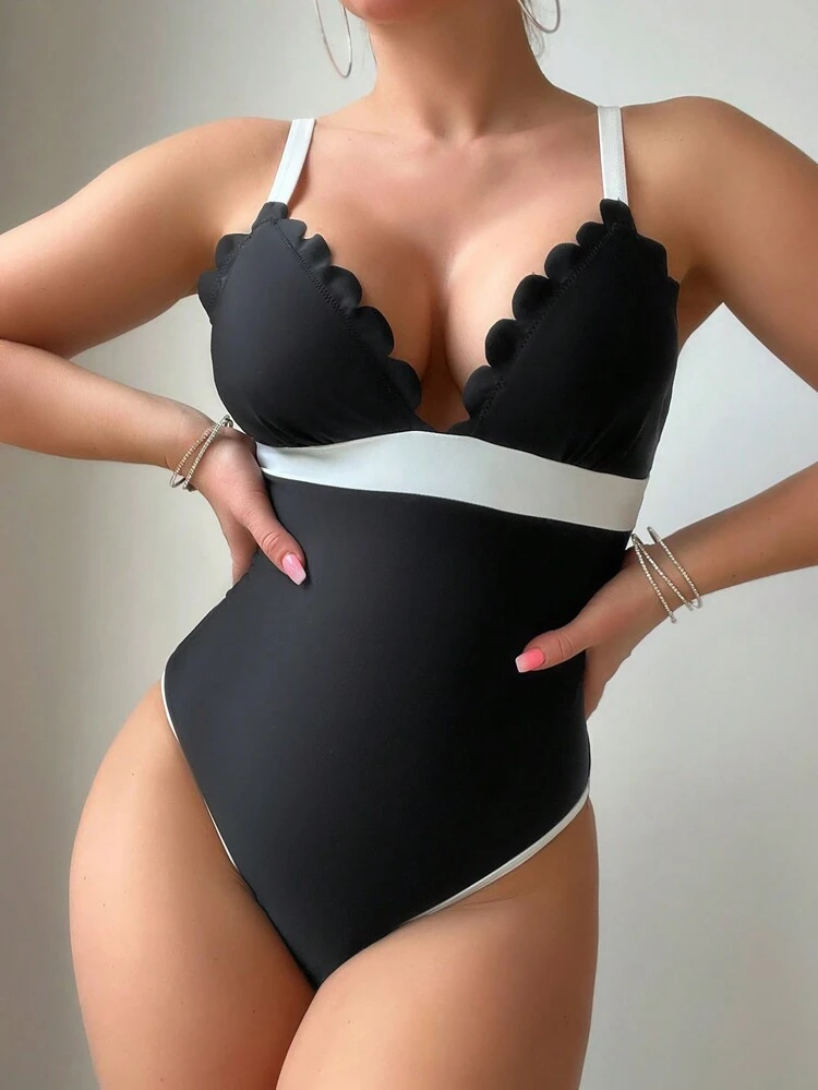 Women's One-Piece Swimsuit, Color Block With Scalloped Edge Detail Summer