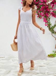 SHEIN VCAY Vestido evasé con mangas cortas de rayas para mujer