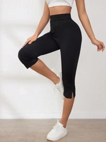 SHEIN LUNE Women's Plain Colored Split Hem Leggings - Black - View 6