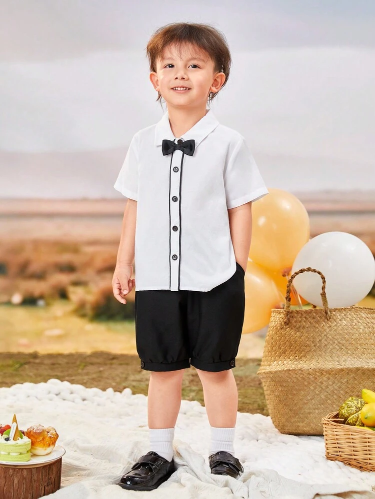 Young Boys' Preppy Style Turn-Down Collar Short Sleeve Shirt And Shorts Set