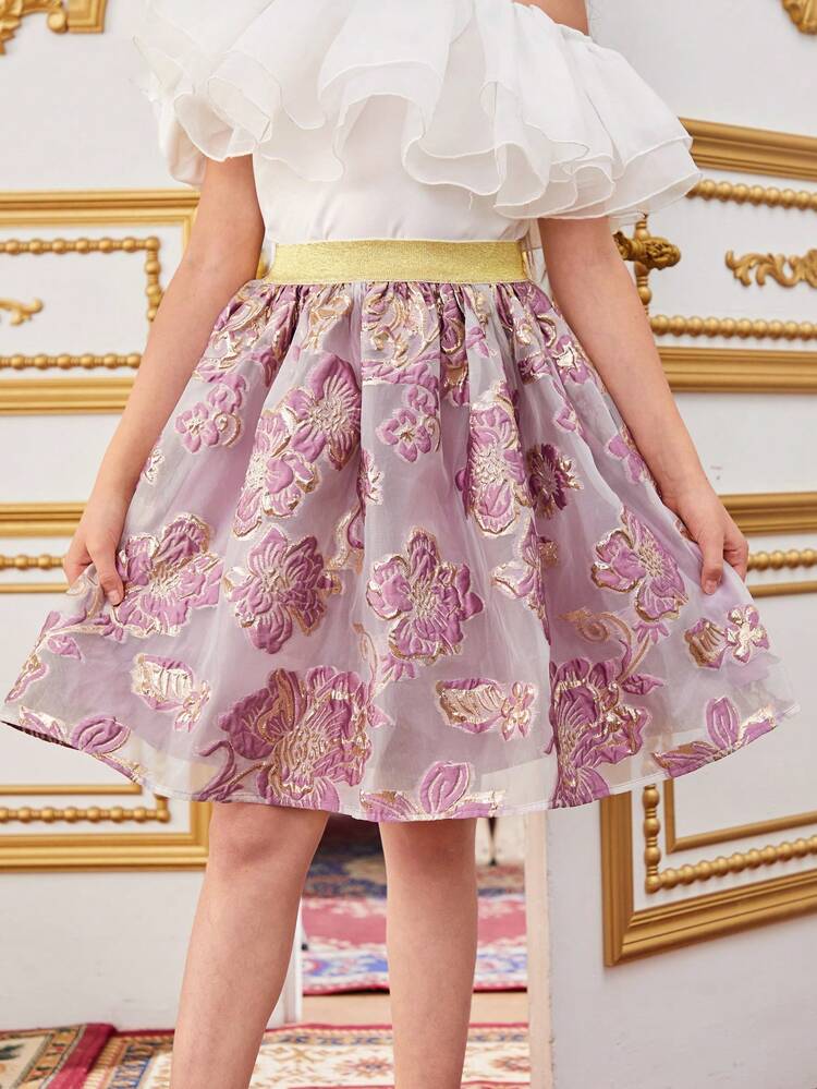 Tween Girl Casual Elastic High Waist Tulle Jacquard Fabric Skirt