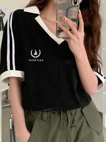 DAZY 彩色块字母图案短袖T恤，运动针织学院风上衣 - 黑色 - 查看 6