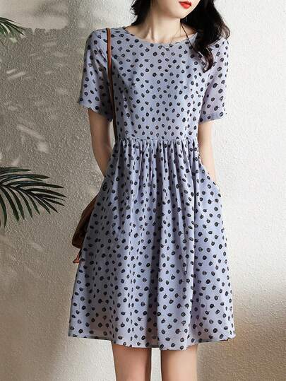 Ladies' Polka Dot Print Round Neck Dress
