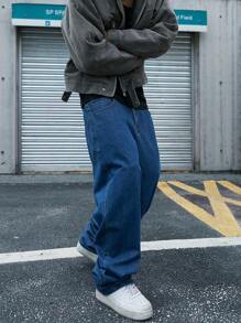 Manfinity EMRG 男士牛仔裤，带侧袋，纯色深蓝色长款宽松深色洗水牛仔裤，洗水工装牛仔裤，适合送给丈夫、男朋友的礼物