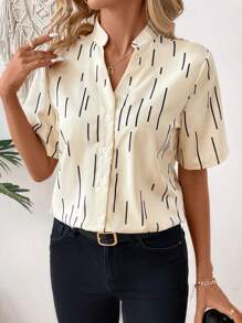 SHEIN LUNE Ladies' Striped Print Short Sleeve Shirt - Apricot - View 6