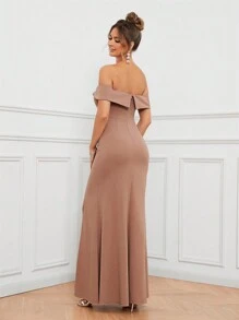 SHEIN Belle Màu thuần Dài Đầm Với Mở Khe Và Off Shoulder Dây đeo - Bụi hồng - Xem 2