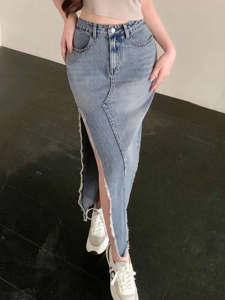 Women's Distressed Frayed Hem Denim Skirt With High Slit Summer Jeans Skirt