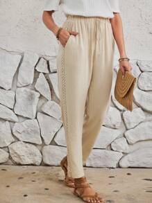 EMERY ROSE Lange Hose Für Frauen Mit Schnürung An Der Taille Und Spitzeneinsatz An Der Seitenschnalle - Khaki - Übersicht 5