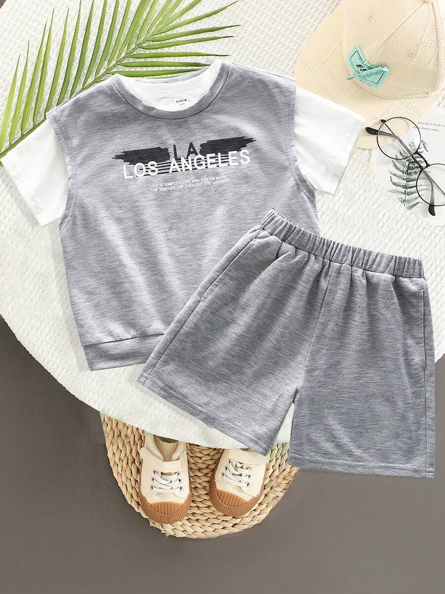 SHEIN 3 cái/bộ Chàng trai trẻ Giải trí Và Sành điệu Khối màu In thư Áo vest , Trắng Thoáng khí Áo thun , Và Quần short Với Thoải mái Và Lỏng lẻo Hàn Quốc Phong cách Cho mùa xuân Và Mùa hè - Xám - Xem 1