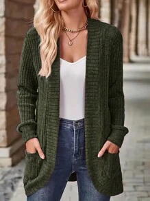 SHEIN LUNE Women's Open Front Pocket Coat - Army Green - View 3