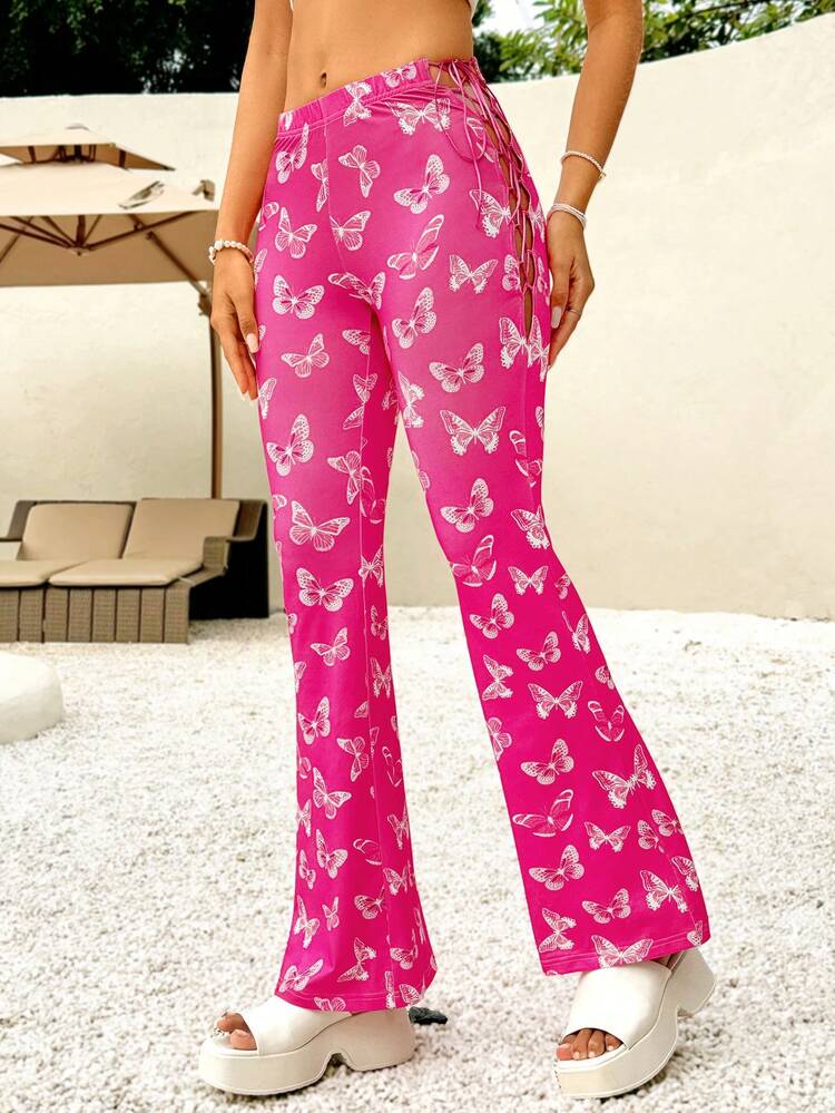 Women's Butterfly Printed Hollowed Out High Waist Slim Flare Pants With Tie