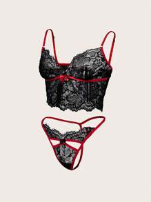 女士性感黑色花邊內衣套裝（情人節限定版） - 黑色 - 查看 3