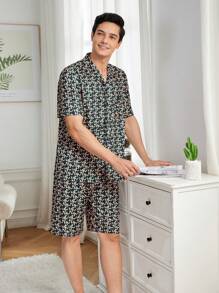 Men's Printed Front Button Shirt And Shorts Pajama Set - Black - View 7