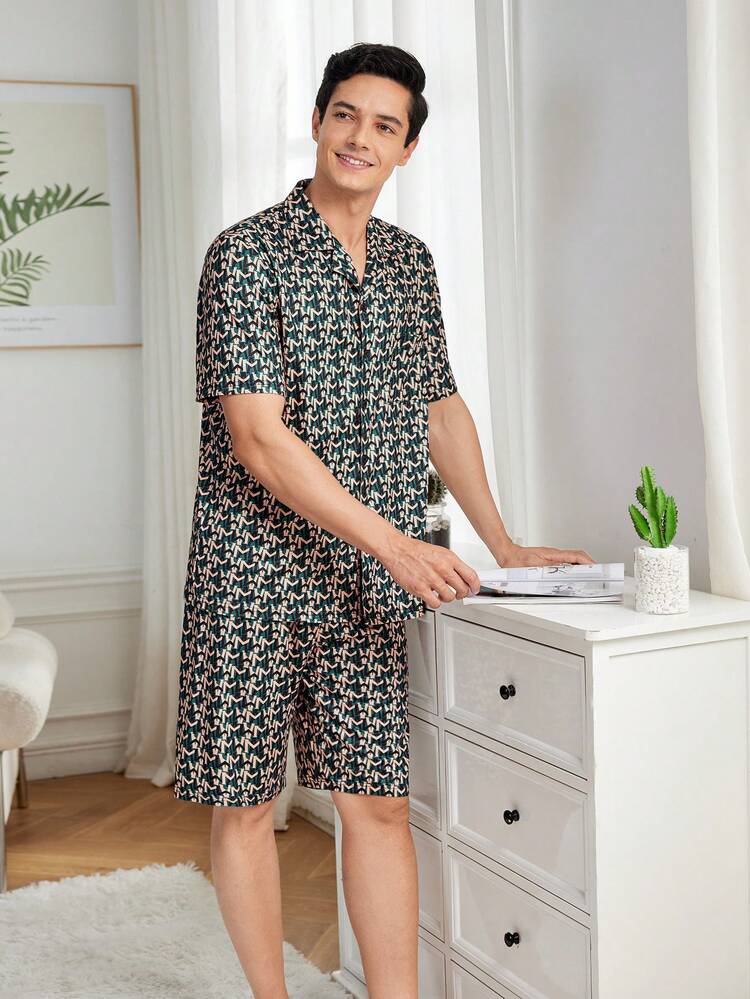 Men's Printed Front Button Shirt And Shorts Pajama Set