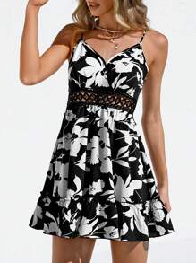 SHEIN VCAY 女士假期花卉印花蕾絲拼接細肩春季連衣裙 - 黑色 - 查看 6