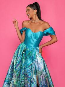 鲜艳的蓝色露肩高开叉长礼服，采用缎面面料，精美的花卉印花和蝴蝶结细节，优雅的派对，女士舞会礼服，正式晚礼服婚礼宾客礼服，适合毕业典礼，晚宴 - 綠色 - 查看 5