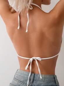 Swim Basics Women's Summer Beach Textured Halter Neck Bikini Top - White - View 2