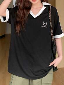 DAZY 彩色块字母图案短袖T恤，运动针织学院风上衣 - 黑色 - 查看 4