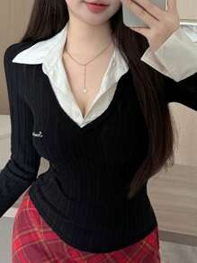 DAZY Contrast Color Splice Shirt Collar, Letter Embroidery, 2 In 1 T-Shirt - Black - View 6