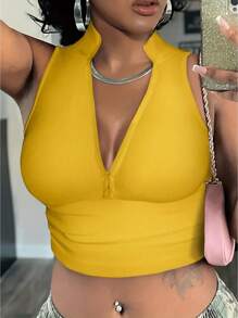 SHEIN Plus Size Cổ đứng trơn có khóa kéo phía trước Tank Top cho mùa hè - Màu vàng - Xem 3