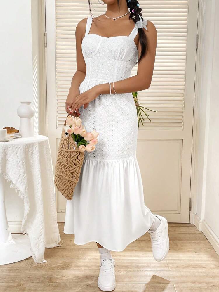 A-Line Spaghetti Strap Dress With Jacquard Ruffle Hem