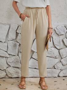 EMERY ROSE Lange Hose Für Frauen Mit Schnürung An Der Taille Und Spitzeneinsatz An Der Seitenschnalle - Khaki - Übersicht 1