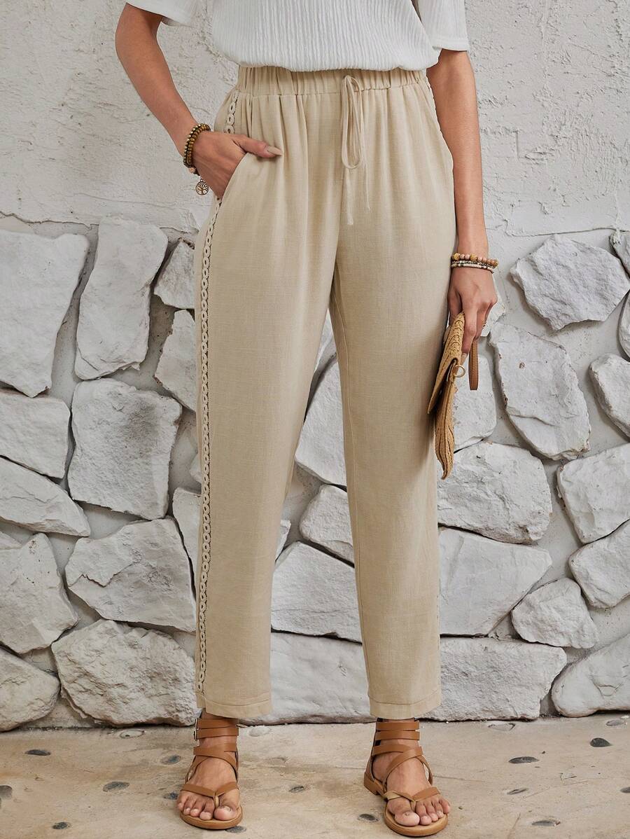 EMERY ROSE Lange Hose Für Frauen Mit Schnürung An Der Taille Und Spitzeneinsatz An Der Seitenschnalle - Khaki - Übersicht 1